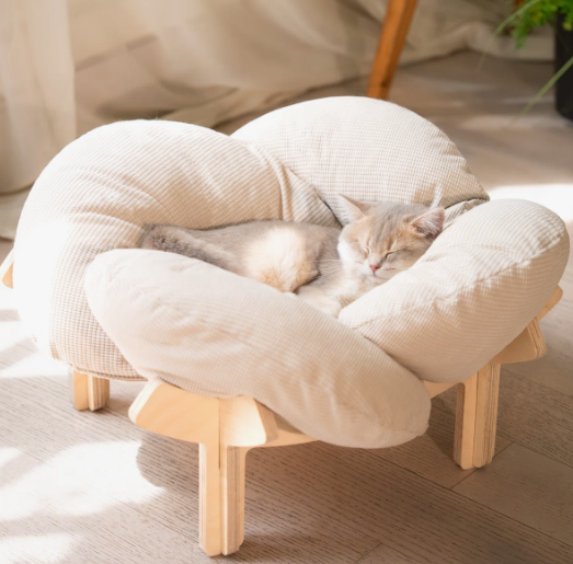 CheerPals Elevated Cat Bed Wooden with Cushion Fluffy Pet Couch Sofa for Indoor Cats Raised Kitty Lounge Chair Suitable for Puppy, Cat Furniture(Large)