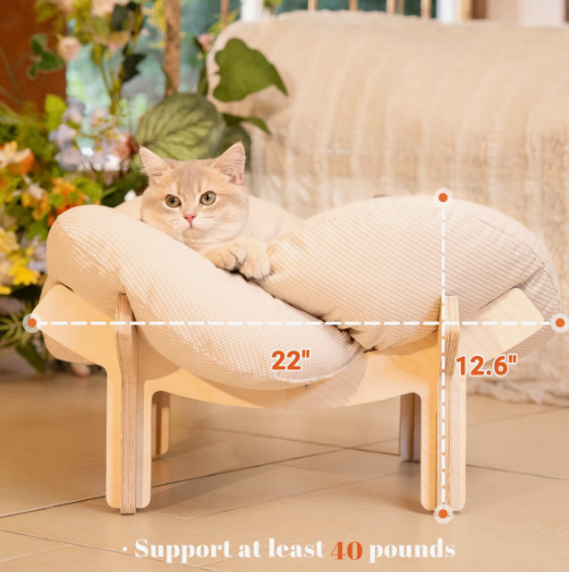 CheerPals Elevated Cat Bed Wooden with Cushion Fluffy Pet Couch Sofa for Indoor Cats Raised Kitty Lounge Chair Suitable for Puppy, Cat Furniture(Large)