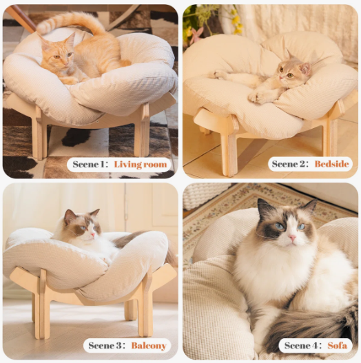 CheerPals Elevated Cat Bed Wooden with Cushion Fluffy Pet Couch Sofa for Indoor Cats Raised Kitty Lounge Chair Suitable for Puppy, Cat Furniture(Large)